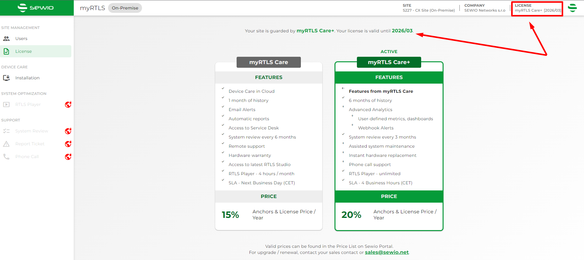 OnPremise Licence Extension/Renewal Sewio Documentation